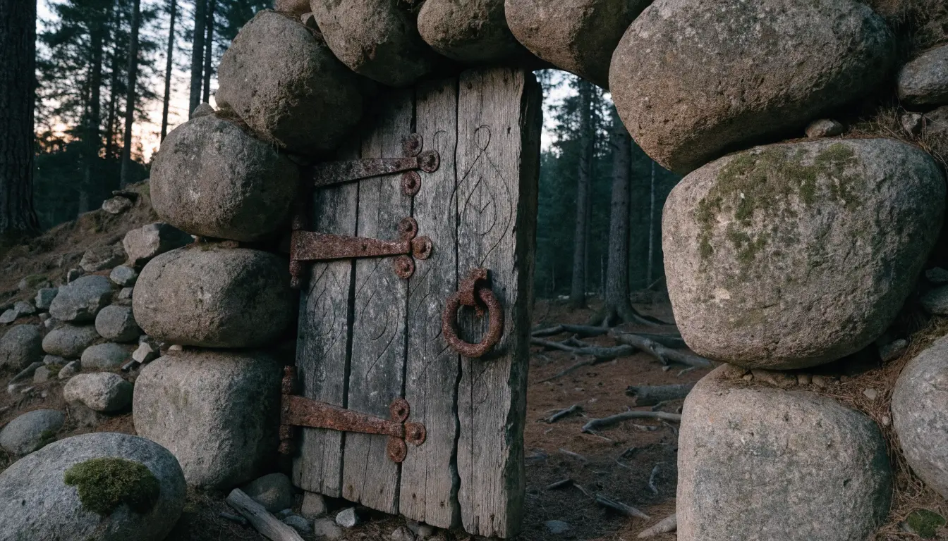 A weathered wooden door set into a stone archway in the forest at dusk