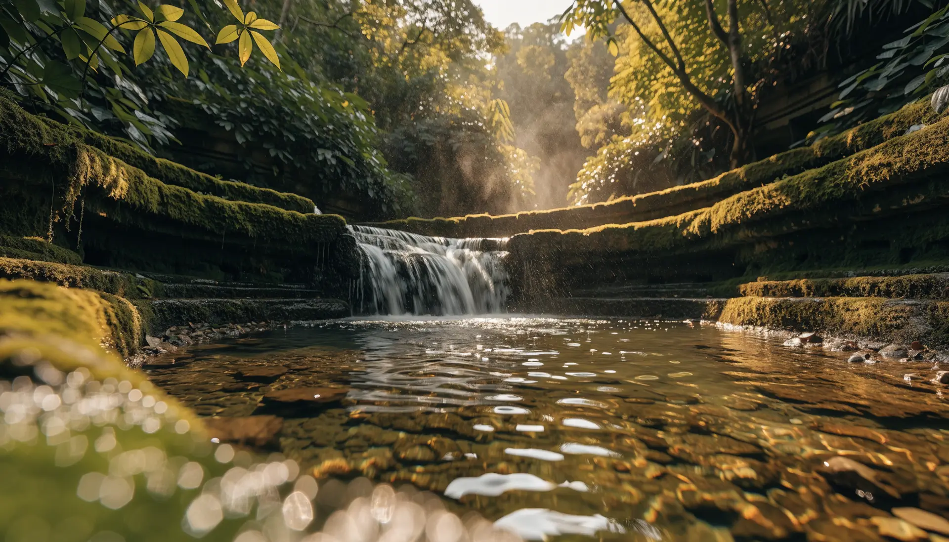 Sunlit water falling into a clear mossy pool in a forest