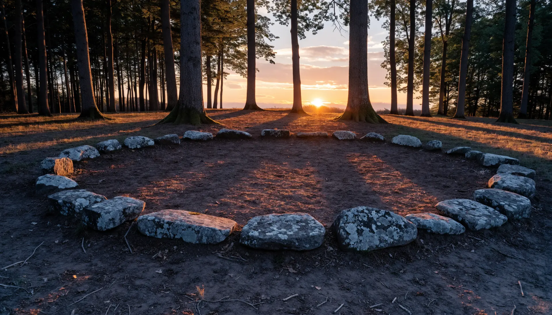 An empty circle of stones in a forest clearing at golden hour
